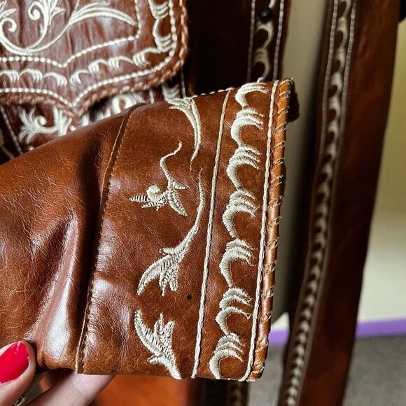 Vintage Ira Hoss Western Leather Jacket XXL Brown Tooled Embroidered Shacket - Picture 13 of 16